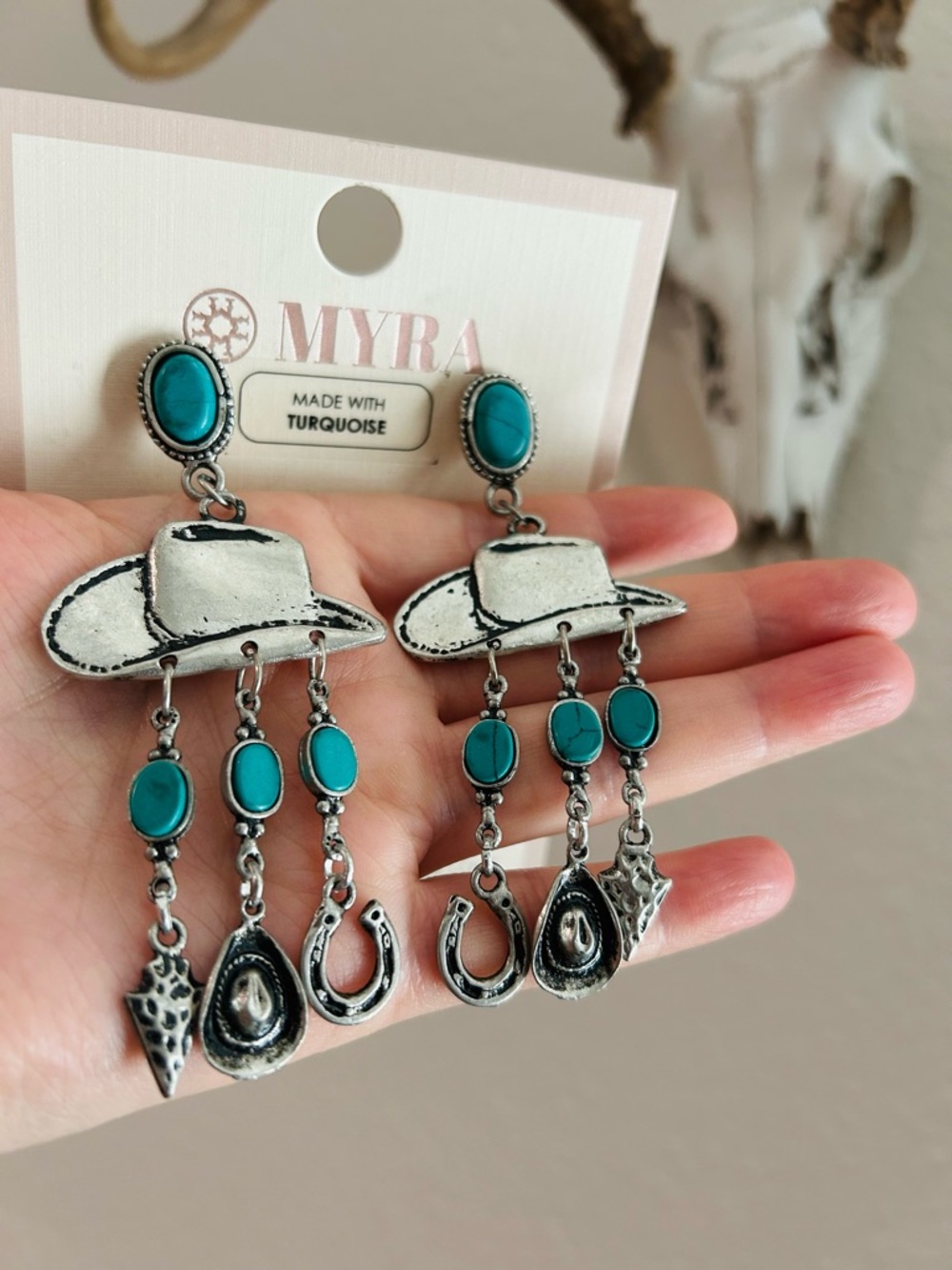 Western Silver-Tone Dangle Turquoise Earrings